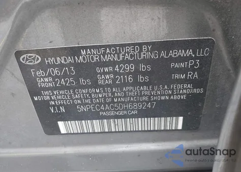2013 Hyundai Sonata Se z USA, uszkodzony, nr VIN 5NPEC4AC5DH689247